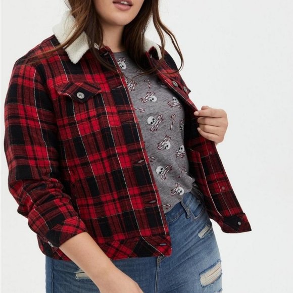 Torrid Women's Size 5X Red Plaid Sherpa Collar Button Up Trucker Jacket - Picture 1 of 14